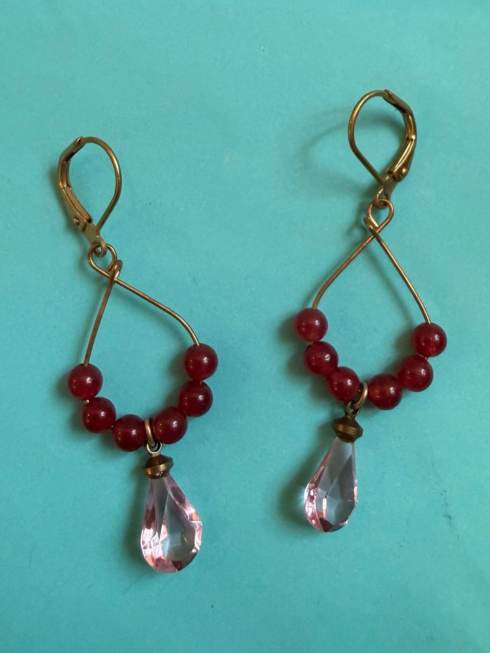 Pretty Earrings with Red Beads and Pink Crystal Drops